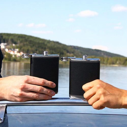 1 Pack Flask for Liquor and Funnel, Premium 8 Oz Leak Proof 18/8 Stainless Steel Pocket Hip Flask with Black Leather Cover, Great Gift Idea