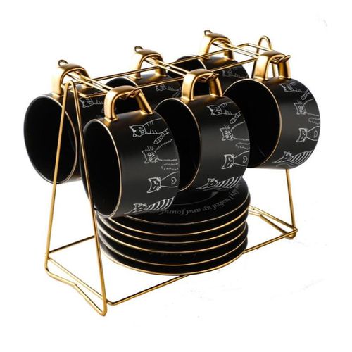 Luxury Artist Design Cat Cup and Plate Set with Spoon - Black