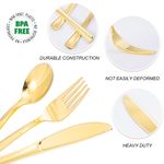 Flushrenic disposable cutlery,60 piece set of gold plastic silverware disposable tableware -20 forks, knives, spoons - disposable tableware heavy-duty plastic tableware set, suitable for catering, parties, dinners, weddings