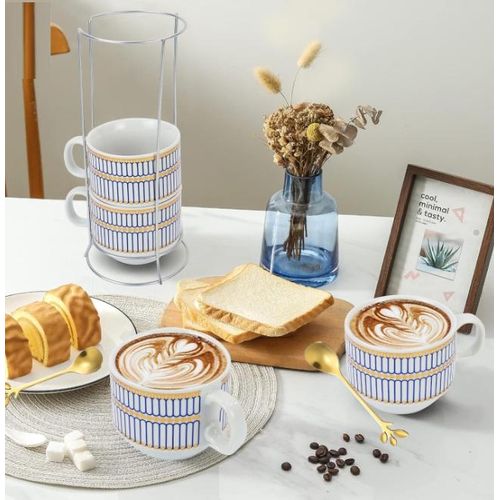 Set Of 4 Ceramic Tea Cups With Stand,Printed Coffee Mugs With Holder+Elegant Gold Leaf Coffee Spoons,Tableware Dessert Spoons,Espresso &amp; Dessert Tea Spoons  - 150 ML