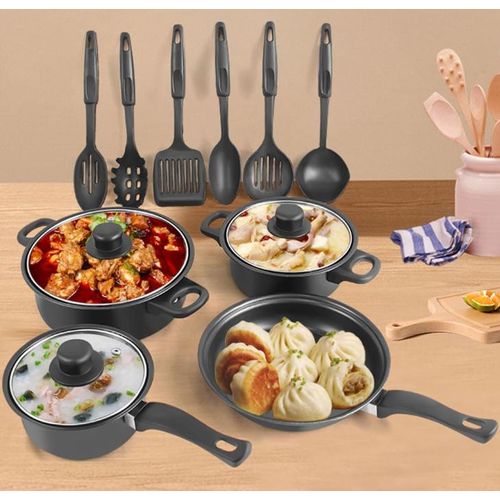 13 piece set of cookware set milk pot soup pot flat bottomed small frying pan lid and shovel to form a pot set