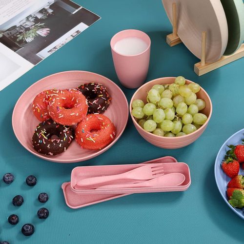 Nordic 4-color 28-piece set wheat straw plate bowl cup k-n-ife fork spoon chopsticks outdoor bowl and dish tableware set