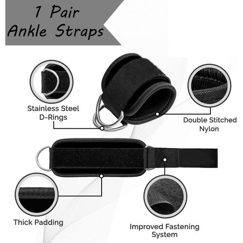 KipFit Black Ankle Straps (Pair) For Cable Machine Kickbacks, Glute Workouts, Lower Body Exercises - Adjustable Leg Straps with Neoprene Padding