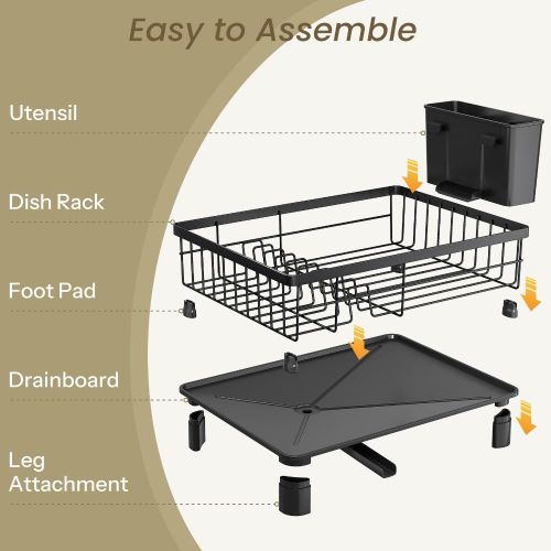 addigoes Iron Dish Rack with Extendable Drainboard &amp; Knife Holder - Space Saving Counter Drying Rack with Utensil Holder and Knife Slots (Black)