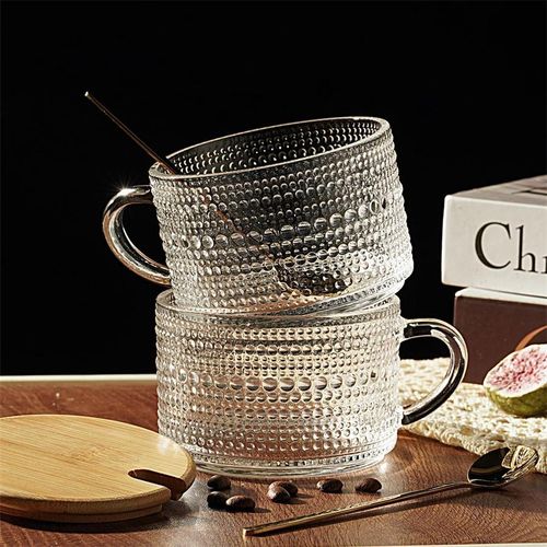 4pcs Clear Embossed Glass Coffee Cup with Lid and Spoon