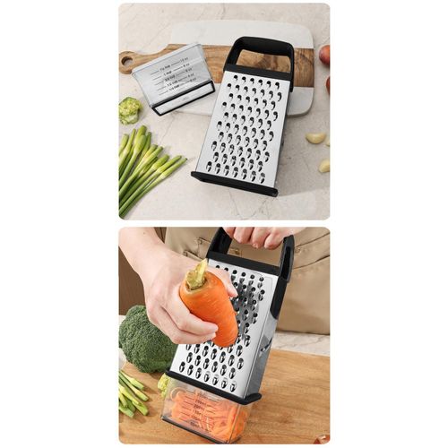 4-Sided Cheese Grater with Container – 100% BPA-Free Stainless Steel Box Grater, Parmesan Shredder, Vegetable Slicer, Slip-Resistant Handle, Dishwasher Safe Zester – Black