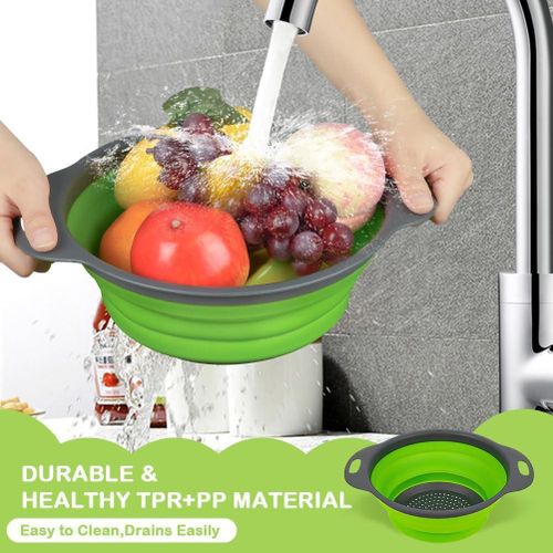 2 Pack Collapsible Colander Set, Round Silicone Folding Collapsible Strainers with Plastic Handles, Eco-Friendly Food Strainer for Kitchen Draining Pasta Vegetables Fruits-1 Large and 1 Small