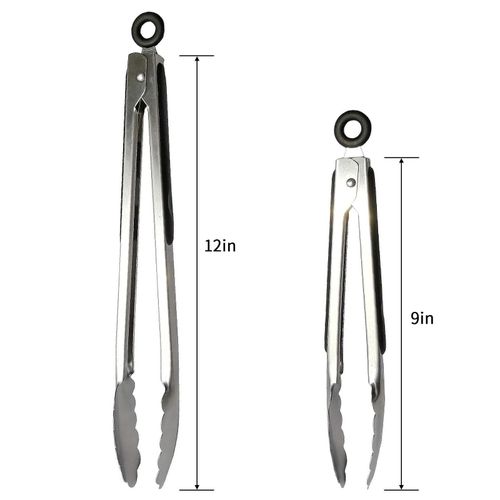 Stainless Steel Kitchen Tongs - Non-Slip Silicone Grip with Lock (9" &amp; 12"