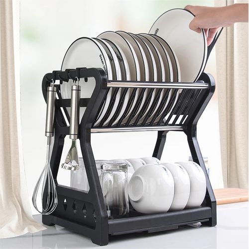 Double Kitchen Dishwasher,Plates Storage Shelf,Drainer-Black