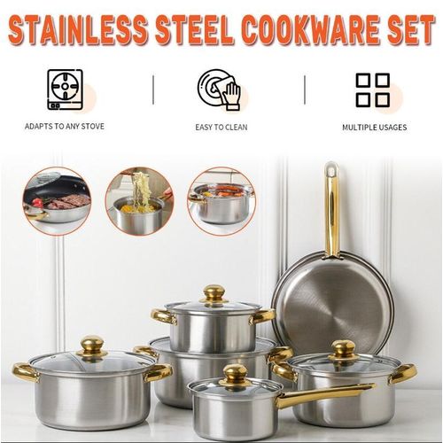12Pcs Heavy Non-Stick Cooking Pot Set/Cookware Set With Frying Pan  - With Glass Lid - Gold