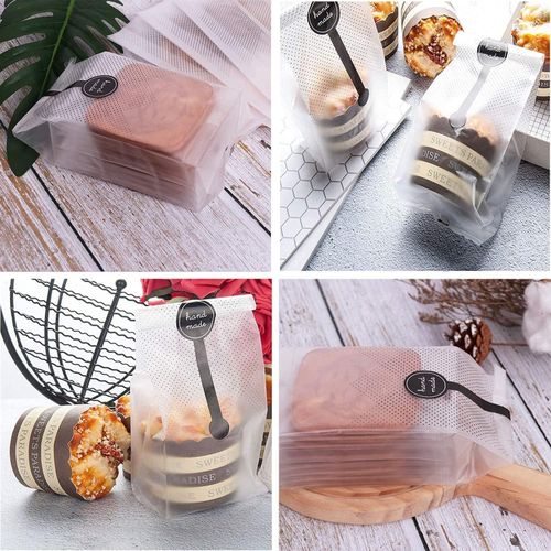 100pcs Translucent Plastic Bags, BetterJonny Cellophane Bags with 100Pcs Hand Made Stickers for Cookie, Cake, Chocolate, Candy, Bakery Party Supplies
