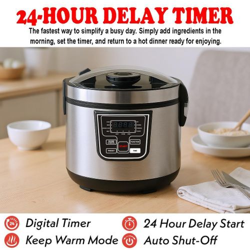 Multifunctional rice cooker, 11 preset cooking options, 5 liters water capacity, up to 12 cups of rice, with non stick inner pot, 24-hour delay timer and automatic keep warm function, with BS plug