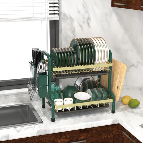 2 Tier Dish Drainer, Dish Drainer with Drain Board, Kitchen Cutlery Storage Rack - Green