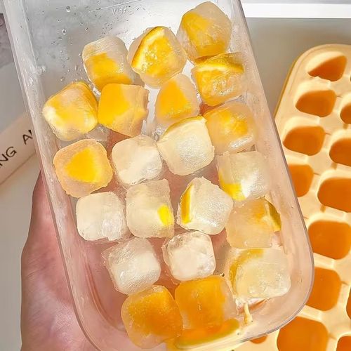Ice Cube Tray with Lid and Bin for Freezer - 21 pcs Silicone Ice Cube Mold, No Touch Easy Release - BPA free, Reusable, Stackable, suitable for cocktails whiskey coffee and more (Yellow-21 pcs)