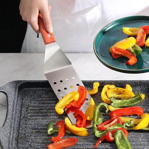 Stainless Steel Perforated Spatula - Wood Handle Flexible Grill Turner for Kitchen &amp; BBQ