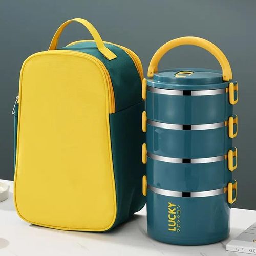 1 set of 4-layer stainless steel reusable lunch box with lunch bag and cutlery, large capacity portable thermos cup - blue