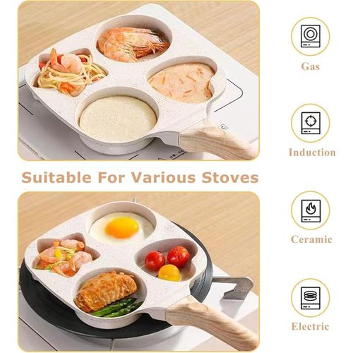 4-Grid Non-Stick Omelette Pan with Scald-Proof Handles, Kitchen Gadgets for Pancakes, Burgers, and Sandwiches - White