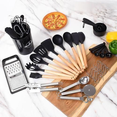 44pcs Ustensiles De Cuisine En Silicone Avec Manche En Bois, Spatules Antiadhésives