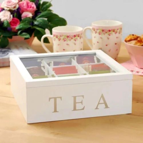 Wooden Tea Organizer with 9 Compartments, Tea Bag Holder with Clear Acrylic Top Window, Multi Functional Tea Box, Tea Storage Organizer