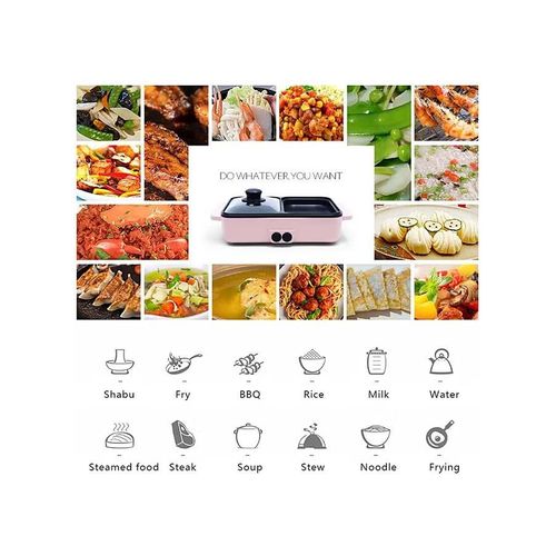 Flushrenic Hot Pot with Grill  2 in 1 Indoor Non-Stick Electric Hot Pot and Frying Pan (Pink)