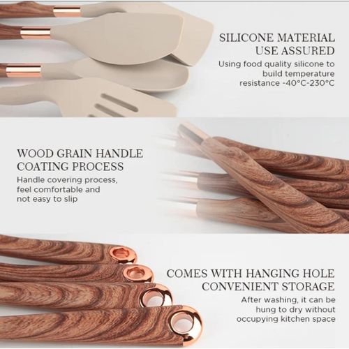 11 Piece Silicone Wood Grain Handle Non-stick Cooking Utensils Set With Storage Bucket