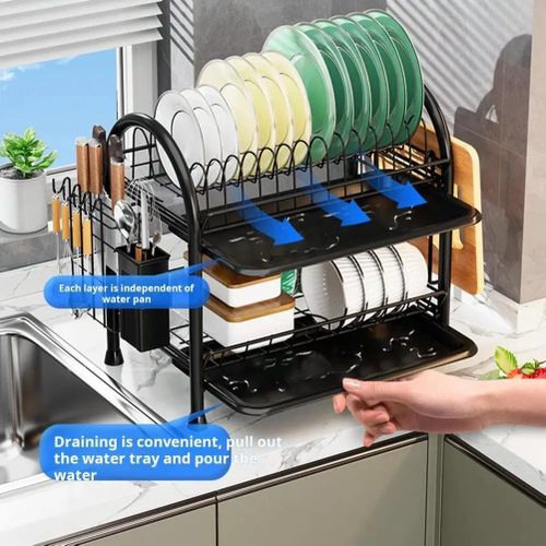 Double-Tier Dish Drainer, Kitchen Dish Storage Rack with Drain Tray - Black
