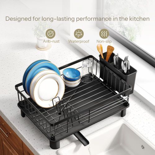 addigoes Iron Dish Rack with Extendable Drainboard &amp; Knife Holder - Space Saving Counter Drying Rack with Utensil Holder and Knife Slots (Black)