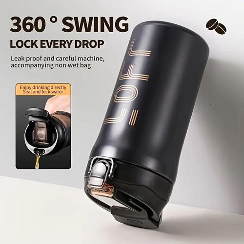 600ml 316 Stainless Steel Double Spout Insulated Coffee Mug - Drink/Straw Dual-Use Design, Leak-Proof and Stain-Proof - Black