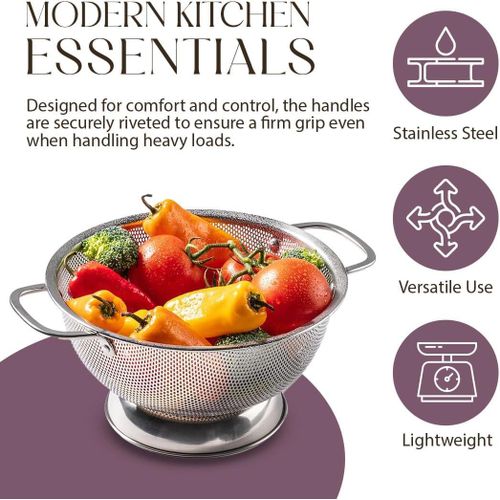Colander for Kitchen – 5L Stainless Steel Strainer with Handle - Pasta Strainer Bowl for Pasta, Spaghetti, Vegetables, Fruit, and Pot Draining - Stainless Steel Colander