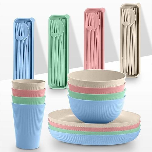 Nordic 4-color 28-piece set wheat straw plate bowl cup k-n-ife fork spoon chopsticks outdoor bowl and dish tableware set