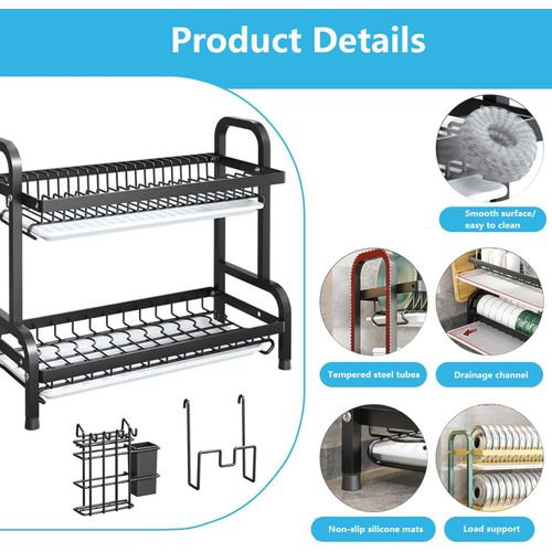 CYFAZA 2 Tier Dish Rack for Kitchen Counter, Dish Drying Rack with Draining Tray, Plate Rack &amp; Dish Drainer, Utensil Holder and Cutting Board Holder