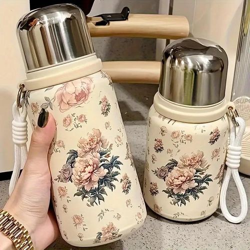 600ML Peony Flower Water Bottle, Leak-proof and Drop-proof Thermos Cup with Carrying Rope, Made of BPA-Free 316 Stainless Steel, Can Keep Drinks Hot or Cold for a Long Time