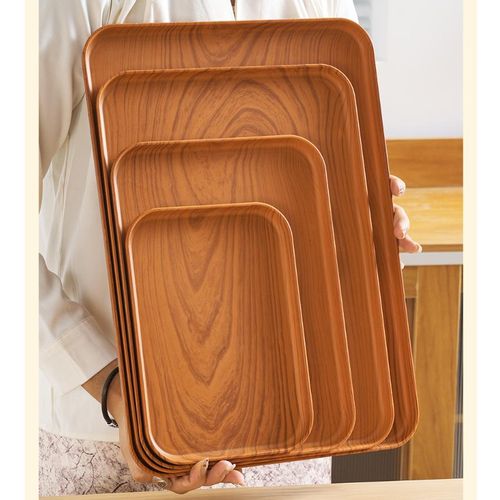 A set of 4 - wood grain trays, fruit plates, dinner plates-Dark wood grain