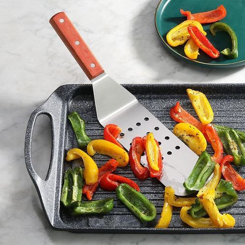 Stainless Steel Perforated Spatula - Wood Handle Flexible Grill Turner for Kitchen &amp; BBQ