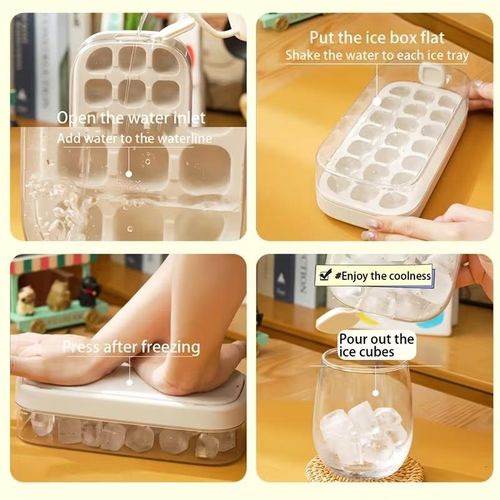 Ice Cube Tray with Lid and Bin for Freezer - 21 pcs Silicone Ice Cube Mold, No Touch Easy Release - BPA free, Reusable, Stackable, suitable for cocktails whiskey coffee and more (Yellow-21 pcs)