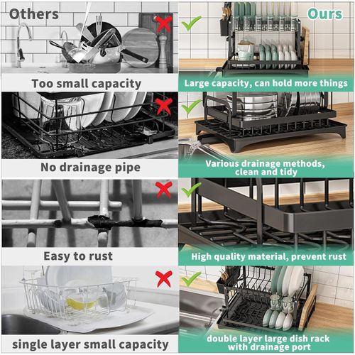Kitchen countertop utensil drying rack, double-layer stainless steel drain with drainage board and utensil rack, used for large capacity storage of bowls/cups/bottles