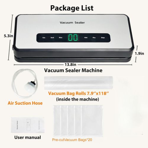YUUIKLLE Vacuum Sealer Machine Built-in Bag Roll Storage and Cutter,Fast-Compact Food Sealer,Multi-Functional Food Vacuum Saver&amp;Wide Seal,With1 Bag Roll&amp;20pcs Pre-cut Bags