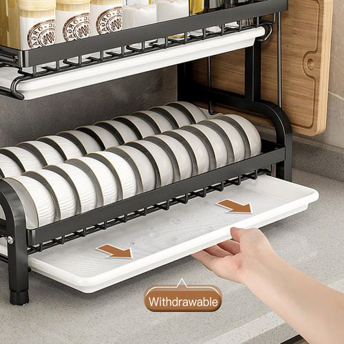 2 Tier Dish Drainer, Dish Drainer with Drain Board, Kitchen Cutlery Storage Rack - Green