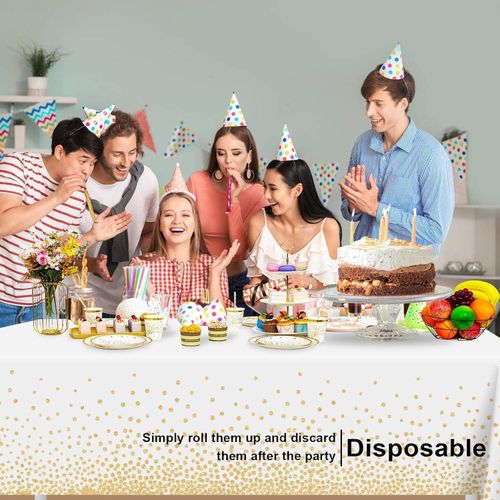White and Gold Dot Tablecloth, White Plastic Table Cloths for Parties Disposable, 54x108in Waterproof Rectangular Camping Tablecloth for Birthday Party Picnic Baby Shower
