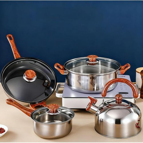 18pcs - stainless steel cookware set including milk pot, soup pot, flat bottom non-stick pan, pot lid, spatula combination pot set