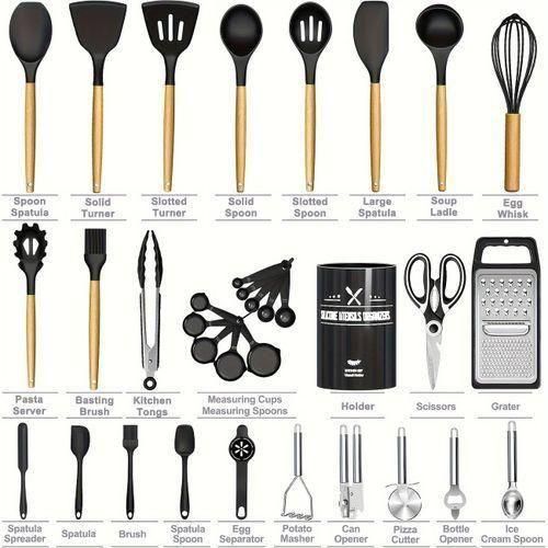 44pcs Ustensiles De Cuisine En Silicone Avec Manche En Bois, Spatules Antiadhésives