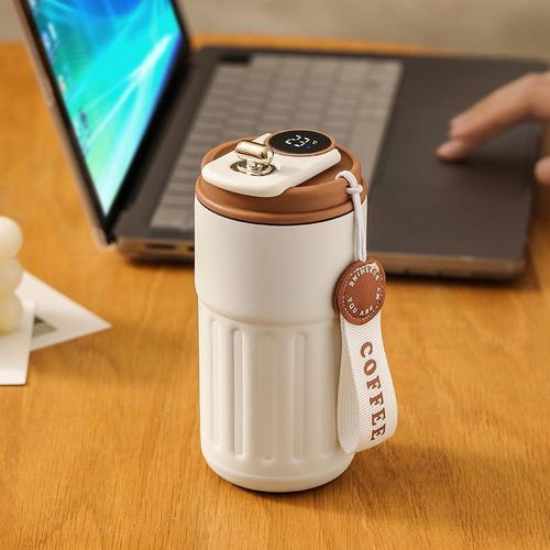 Coffee Cup with Temperature Display Thermal Mug, Leak-proof Lid Stainless Steel Reusable Insulated Vacuum Mug, Coffee 450ML