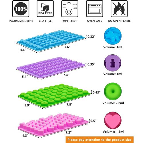 Silicone Bear Candy Molds with 2 Droppers, Non-Stick, Includes Mini Dinosaur, Bear, Hearts and Mini Donut, Set of 4