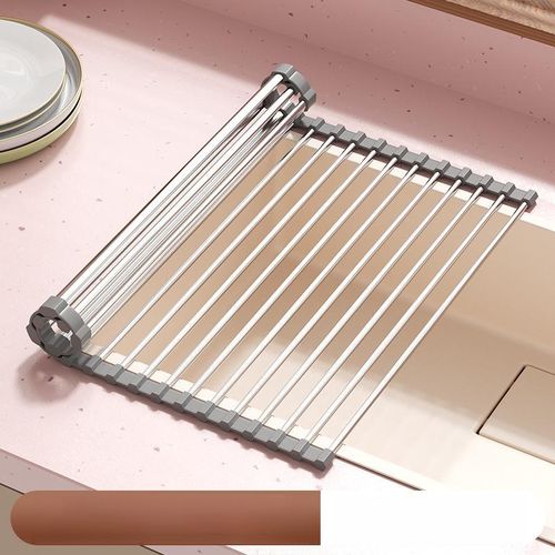 Foldable Kitchen Sink Drainage Storage Rack, Stainless Steel Storage Roll-Up Mat, Silicone Dish Rack for Sink (for Dishes and Chopsticks)
