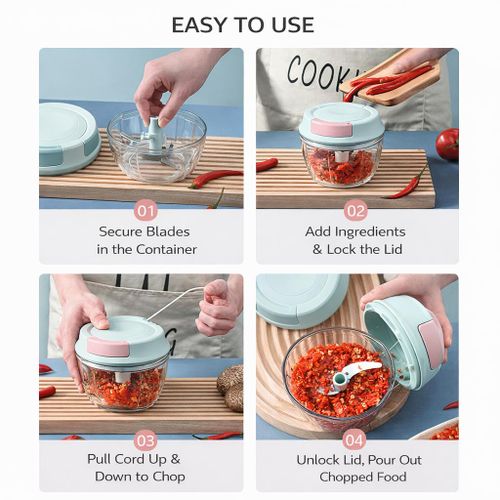 Small Rotating Manual Food Chopper Mini Vegetable Onion Garlic Cutter with Pull Cord Cute Kitchen Tool