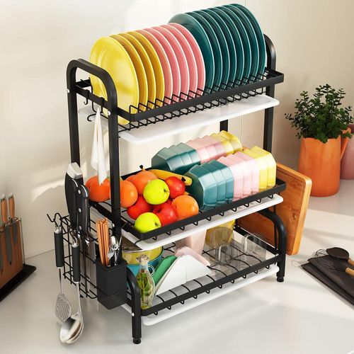 CYFAZA Dish Drying Rack, Metal 3-Tier Large Capacity Dish Rack with Utensil Holder, Cutting Board Holder, Draining Board Tray for Kitchen Counter Storage (Black)