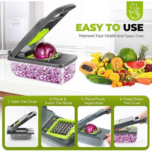 DONFANLIA 16-in-1 Vegetable Chopper Pro - Stainless Steel, BPA-Free, Mandoline Slicer &amp; Dicer Set with Drain Basket, Compact 13" Storage, Safe for Kids