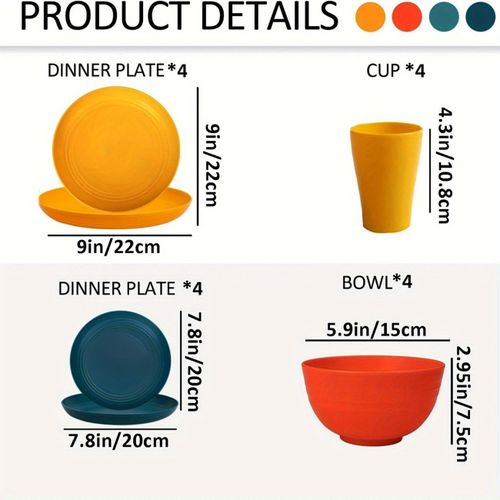 16pcs Dinnerware Set (8 Plates, 4 Bowls and 4 Cups) - Reusable - Macaron Color