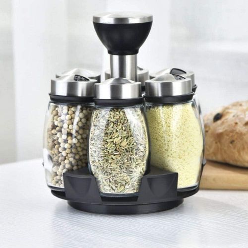6-Jar Revolving Spice Rack Organizer Holder, Kitchen Countertop Seasoning Stand Organizer Include 6 Glass Jar Bottles, Great Gift For Chefs &amp; Foodies (Spices Not Included)