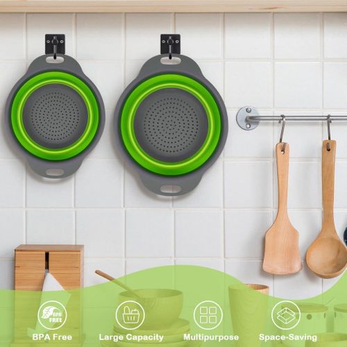 2 Pack Collapsible Colander Set, Round Silicone Folding Collapsible Strainers with Plastic Handles, Eco-Friendly Food Strainer for Kitchen Draining Pasta Vegetables Fruits-1 Large and 1 Small